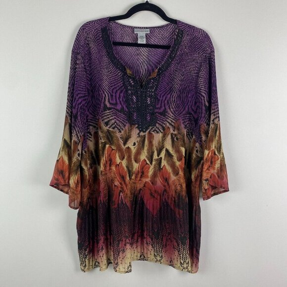 Catherines Tunic Blouse Plus 3XWP Sheer Crochet Neckline Pleated 3/4 Sleeve - Picture 1 of 9